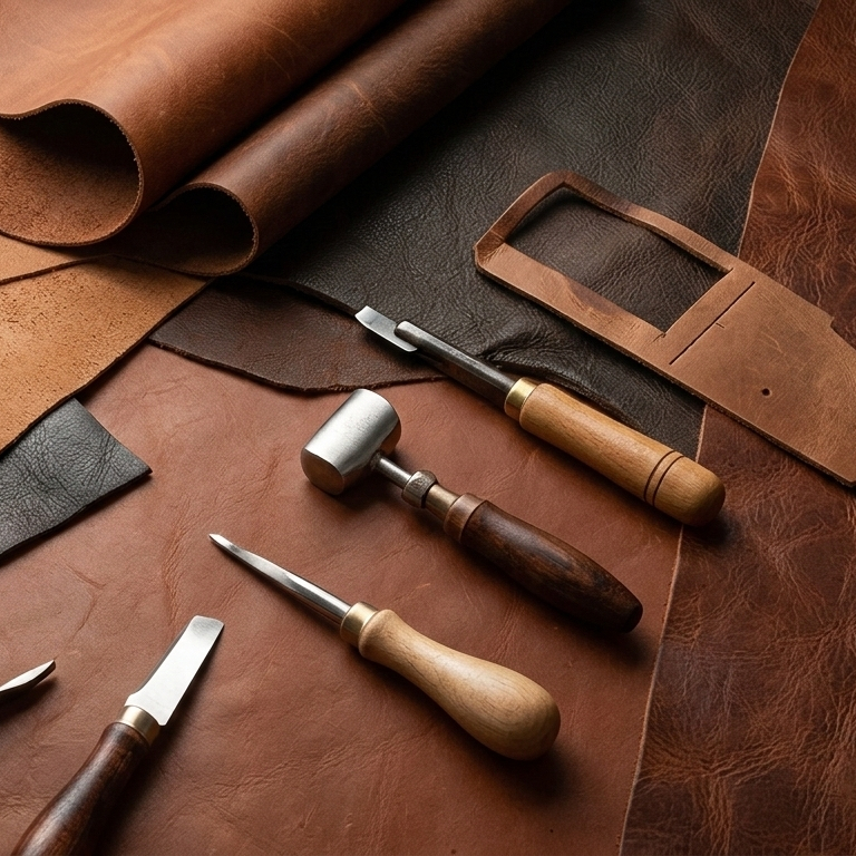 Leather crafting tools on table