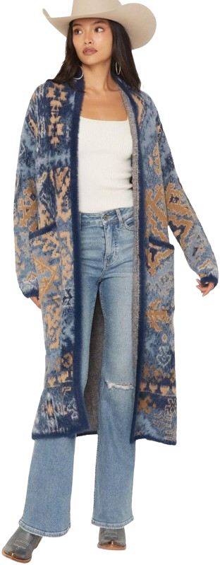 Women's Southwestern Print Eyelash Yarn Duster