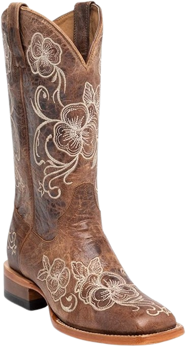 Women's Lasy Floral Embroidered Western Boot Broad Square Toe Brown